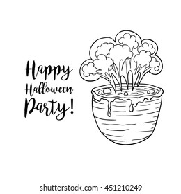 Coloring book page design with witch accessories for Happy Halloween Party, pot and potion. Isolated doodle style illustration