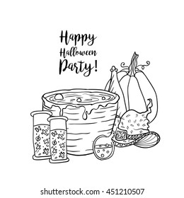 Coloring book page design with witch accessories, hat, pot with potion, Wall Clock, pumpkin, bottles for Happy Halloween holiday