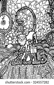 Coloring book page design,anti stress hobby for adult. Monkey animal for 2016 New Year Holiday. Vector black and white illustration.