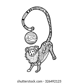 Coloring book page design,anti stress hobby for adult. Monkey animal for 2017 New Year Holiday. Vector black and white illustration.