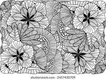 Coloring book page with different flowers and leaf in zentangle style. Black and white vector illustration. A4 size. Doodle, hand drawn, zen art, anti stress.