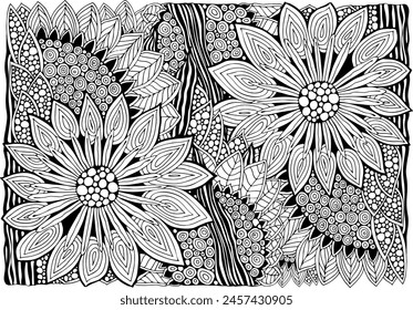 Coloring book page with different flowers and leaf in zentangle style. Black and white vector illustration. A4 size. Doodle, hand drawn, zen art, anti stress.
