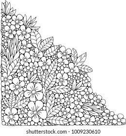 Coloring book page with different little flowers and leaf in zentangle style. Black and white vector illustration. Doodle, hand drawn, zen art, anti stress.