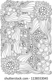 Coloring book page with different little flowers and leaf in zentangle style. A4. Black and white vector illustration. Doodle, hand drawn, zen art, anti stress.