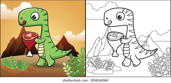 Coloring book or page of dinosaur cartoon carrying meat on mountain background