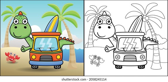 Coloring book or page, dinosaur cartoon on car carrying surfboard in the beach with funny crab