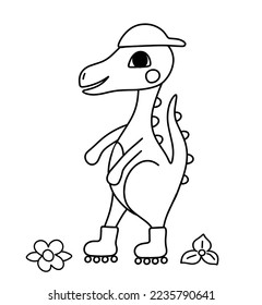 Coloring book page with dinosaur with roller skates