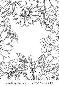 Coloring book page with doodle flowers. Black and white vector illustration.