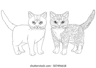 Coloring book page doodle and outline kitten. Decorative ornamental cat for decorative printing on t-shirts or coloring books.