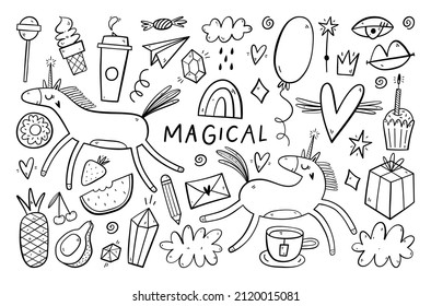 Coloring book page in doodle style for adult and kid. Black and white hand drawn elements - unicorn, clouds, rainbow, heart, food and drink. 