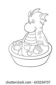 Coloring book page - dragon bathing in a basin with rubber duck
