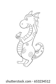 Coloring book  page - dragon and little bird