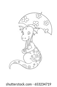 Coloring  book page - dragon with umbrella