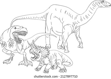 A coloring book page drawing of a group of dinosaurs in outline