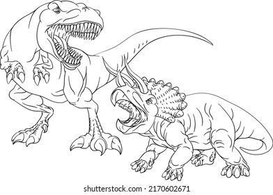 A coloring book page drawing of a T Rex dinosaur fighting a Triceratops