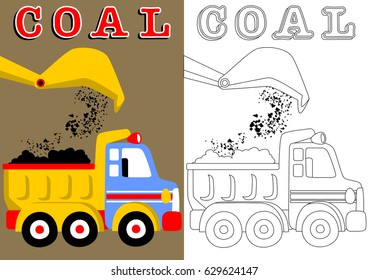 coloring book of page, dump truck with crane scoop machine, vector cartoon