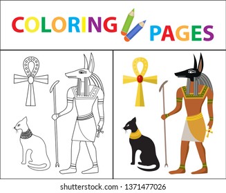 Coloring book page. Egyptian set. Sketch outline and color version. Coloring for kids. Childrens education. Vector illustration