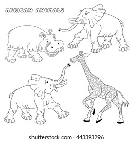 Coloring book or page with elephant, hippo and giraffe. Vector illustration.