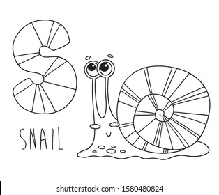 Coloring book page English alphabet animal snail S