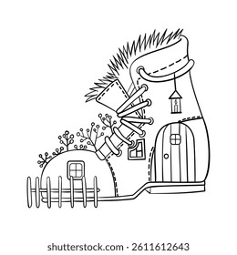 Coloring book page. Fairy house in a boot. Children's vector illustration.