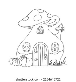 Coloring book page. Fairy tale mushroom house. Children's vector illustration.