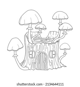 Coloring book page. Fairy tale house in form of old stump with mushrooms. Children's vector illustration.