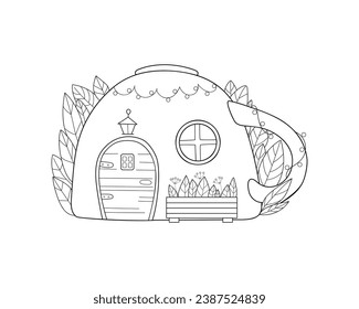 Coloring book page. Fairy tale cup house. Children's vector illustration.	