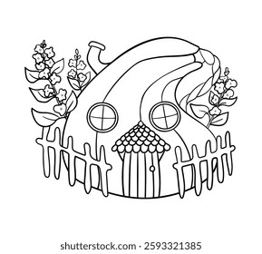 Coloring book page. Fairy tale pumpkin house. Children's vector illustration.	