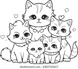 A coloring book page of a family of cats.