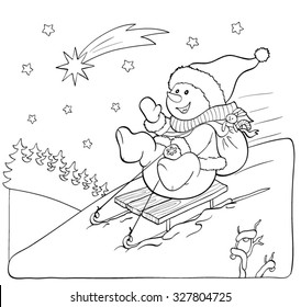 Coloring book or page. Fanny snowman on the sled with gifts and star.