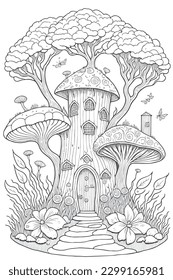 Coloring book page, a fantasy 3 storied fairy mushroom tree house house with blooming cherry blossom flowers and tulips, trees, mushrooms, clean lines illustration. - Shutterstock ID 2299165981