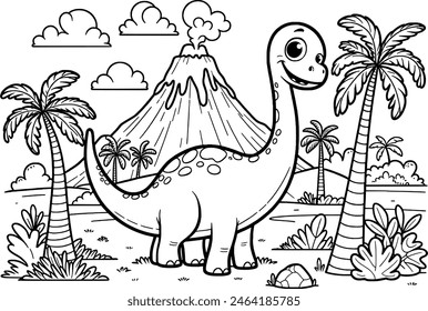 Página de libro para colorear con un majestuoso braquiosaurio. Detalles intrincados y líneas audaces perfectos para que los niños y los entusiastas de los dinosaurios den rienda suelta a su creatividad y den vida a este gentil gigante