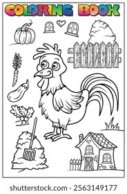 Coloring book page featuring a rooster, vegetables, fence, haystack, house, and pitchfork, perfect for kids' activity.