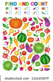 Coloring book page. Find and count. Printable worksheet for kindergarten and preschool. Exercises for study numbers. Bright Vegetable harvest chili pepper, pumpkin, onion, aubergine, cabbage, tomato,