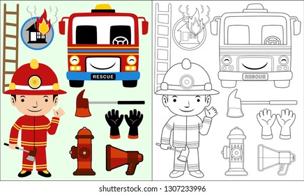 Coloring book or page of firefighter element cartoon with boy in fireman costume