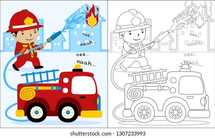 Coloring book or page of firetruck cartoon with fireman spraying water to burning house