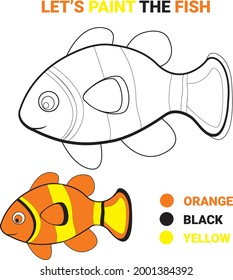Colorando la página del libro con Fish. hoja de trabajo para la educación. página de dibujo. dibujar a los niños actividad simple. Actividad educativa para niños de edad preescolar. Ilustración vectorial colorida de dibujos animados planos.