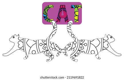 Coloring book page with floral pattern cat