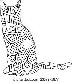 Colorear la página del libro con un gato de patrón floral, libro de Colores. Dibujado a mano. Adultos. Blanco y negro. Gato en estilo zentangle.
página del libro de colorear antiestrés con patrones ornamentales, gato con líneas y olas, 
