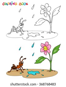 Coloring book or page. Flower daisy with ant, it's raining.