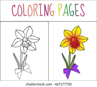 Coloring book page, flower, iris. Sketch and color version. 