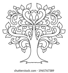 Coloring book page with flowering tree in doodle style. Hand drawn sketch, black and white.  Zentangle pattern printing on product. Vector illustration The best for your design, textiles, posters