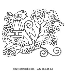 Coloring book page . Flowering trees, birdhouse, birds. Spring or summer vector illustration.