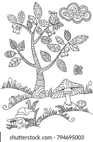 Coloring book page with forest in doodle style. Mushroom-chanterelles, amanita, patterned tree and bird. Hand drawn sketch, black and white.