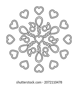 Coloring book page fot kids . Music and holiday doodle . Musical notesand heart. A hand-drawn round composition, mandala . Vector illustration