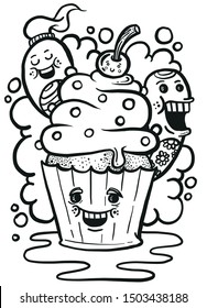 Coloring Book Page of a Friendly Cupcake and Doodle Characters 