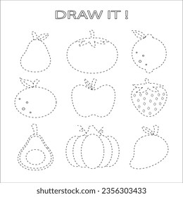 Coloring book or page. Fruits, berries and vegetables cartoon, Connect the dots, education game for children. Set of cartoon vegetables Potato, Carrot, Tomato, Radish. 56