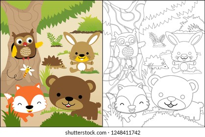 Coloring book or page with funny animals cartoon in the woods              