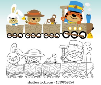 coloring book or page with funny animals cartoon on wooden steam train