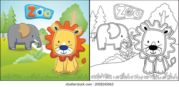 Coloring book or page of funny animals cartoon. Lion with elephant in the zoo